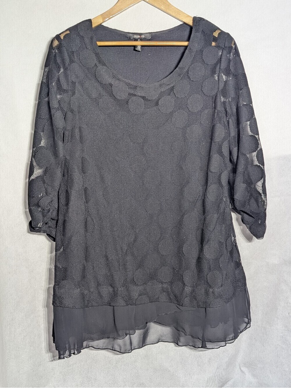Style & Co. Black Sheer Dot Overlay Tunic Top